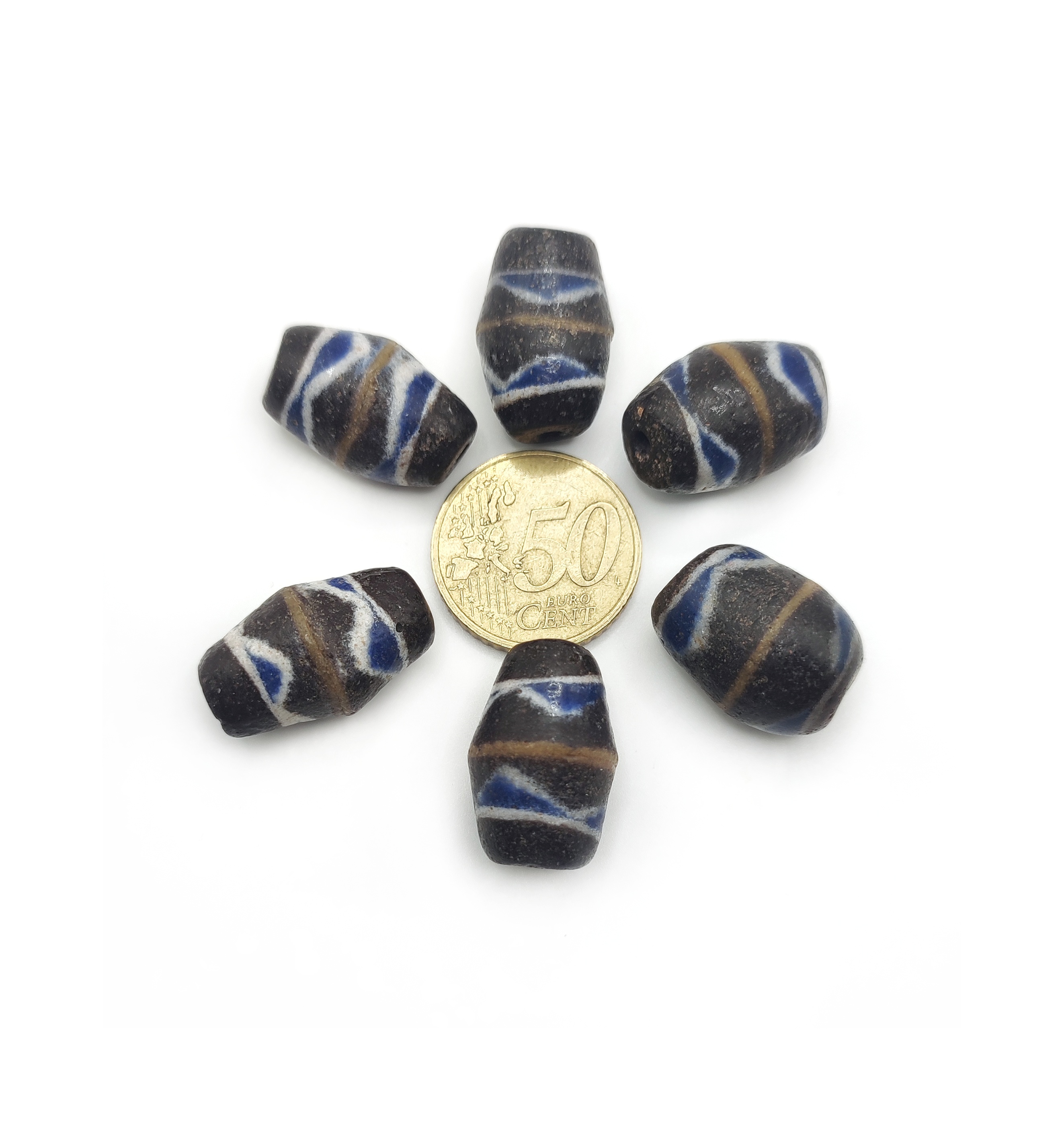 Old, LARGE glass powder beads from Ghana. Big size Ghanaian Krobo beads, vintage African handmade beads. These large beads are very dark brown/black colored and have a blue/white/dark yellow pattern. The bead hole is 2-3 mm.