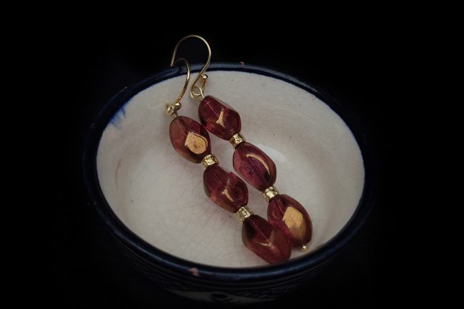 Gilded pink Czech glass beads dangle earrings, gilded silver and pink glass earpendants, unique elegant golden earrings