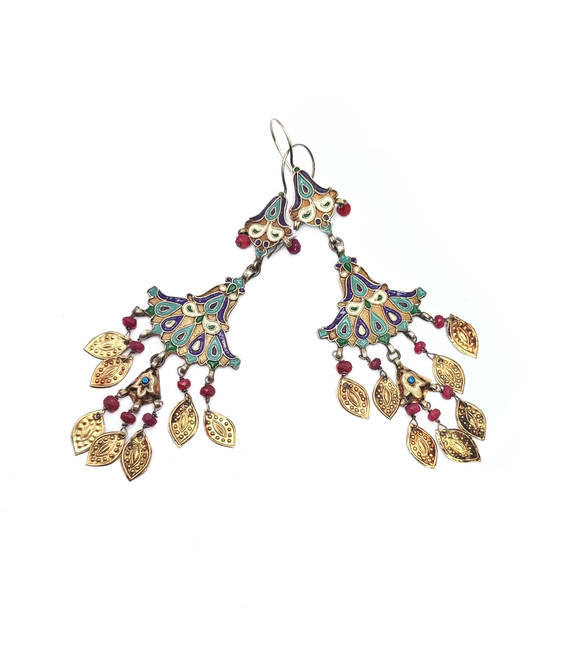 Old high grade silver and gilded silver Uzbek earrings. These long Bukhara enamel earrings carty multiple gilded silver leaf pendants and purple gems. Colorful enamel typical of Bukhara, Uzbekistan