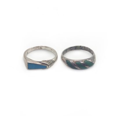 Sterling silver Mexican rings, Turquoise inlay ring and Malachite inlay ring, Taxco vintage rings, set of two silver rings
