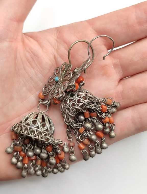 Antique Afghan silver and coral pendant earrings - Image 2