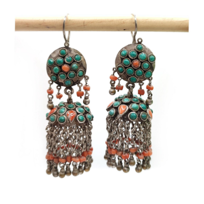 Antique Afghan silver and gemstone chandelier earrings, made of silver, Turquoise and Coral.