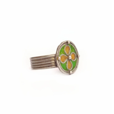 Moroccan enamel silver flower ring size 11, yellow and green Amazigh silver ring, floral ring Morocco, Berber jewelry