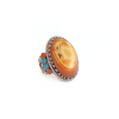 Vintage Sterling Silver Agate Ring with Turquoise & Coral Accents Kunduz Afghan ring size 8