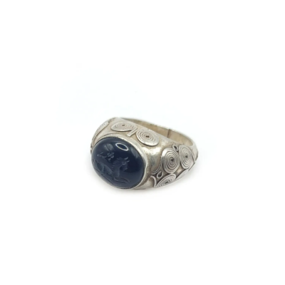 Carved onyx and silver Afghan seal ring size 9.5