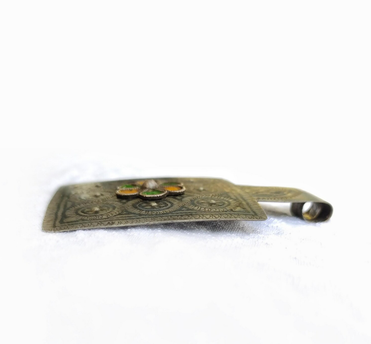 Old Amazigh necklace charm, niello silver and enamel Berber pendant - Image 3