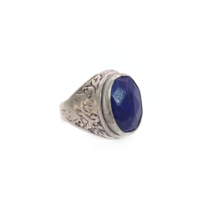 Big silver Lapis Lazuli ring, antique silver ring with faceted large Lapis Lazuli stone