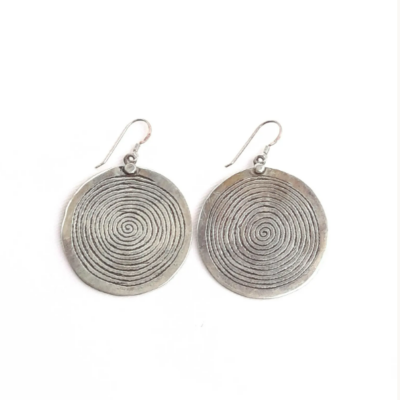 Silver thin disk spiral symbol of life earrings