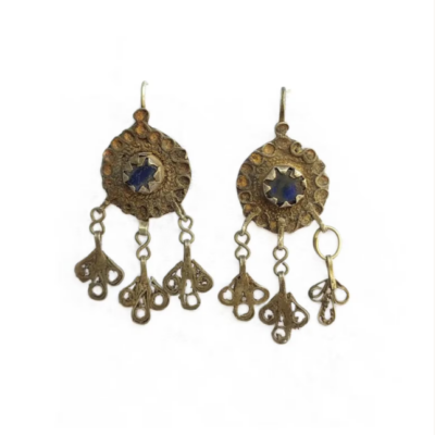 Ancient silver Moroccan Amazigh (Berber) earrings with enamel decorations and a blue glass gem