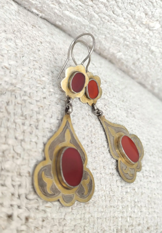 Old Turkmen earrings gilded silver and Carnelian earrings Tekke tribe - Image 3