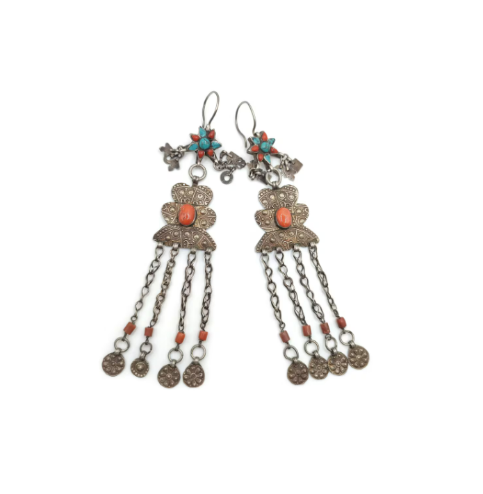 Yomut tribe earrings ancient, long, silver, gilded silver and gemstone earrings Turkmenistan - Image 3