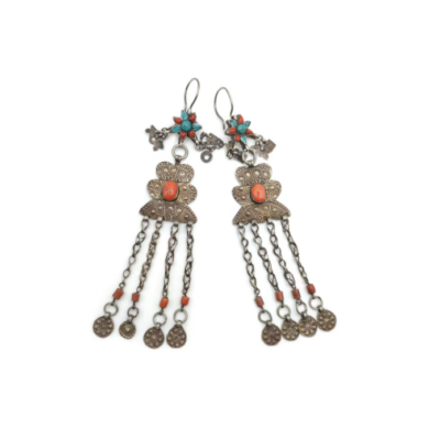 Antique Yomut tribe earrings, long, silver, gilded silver and gemstone earrings Turkmenistan