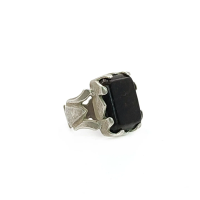 Black Onyx and silver ring, square Onyx seal set in an eloborated silver setting. Old Afghan statement ring with black gemstone