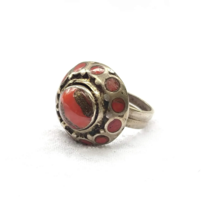 Coral and silver vintage ethnic ring Rajasthan India oriental dome ring size 7.5 ethnic jewelry