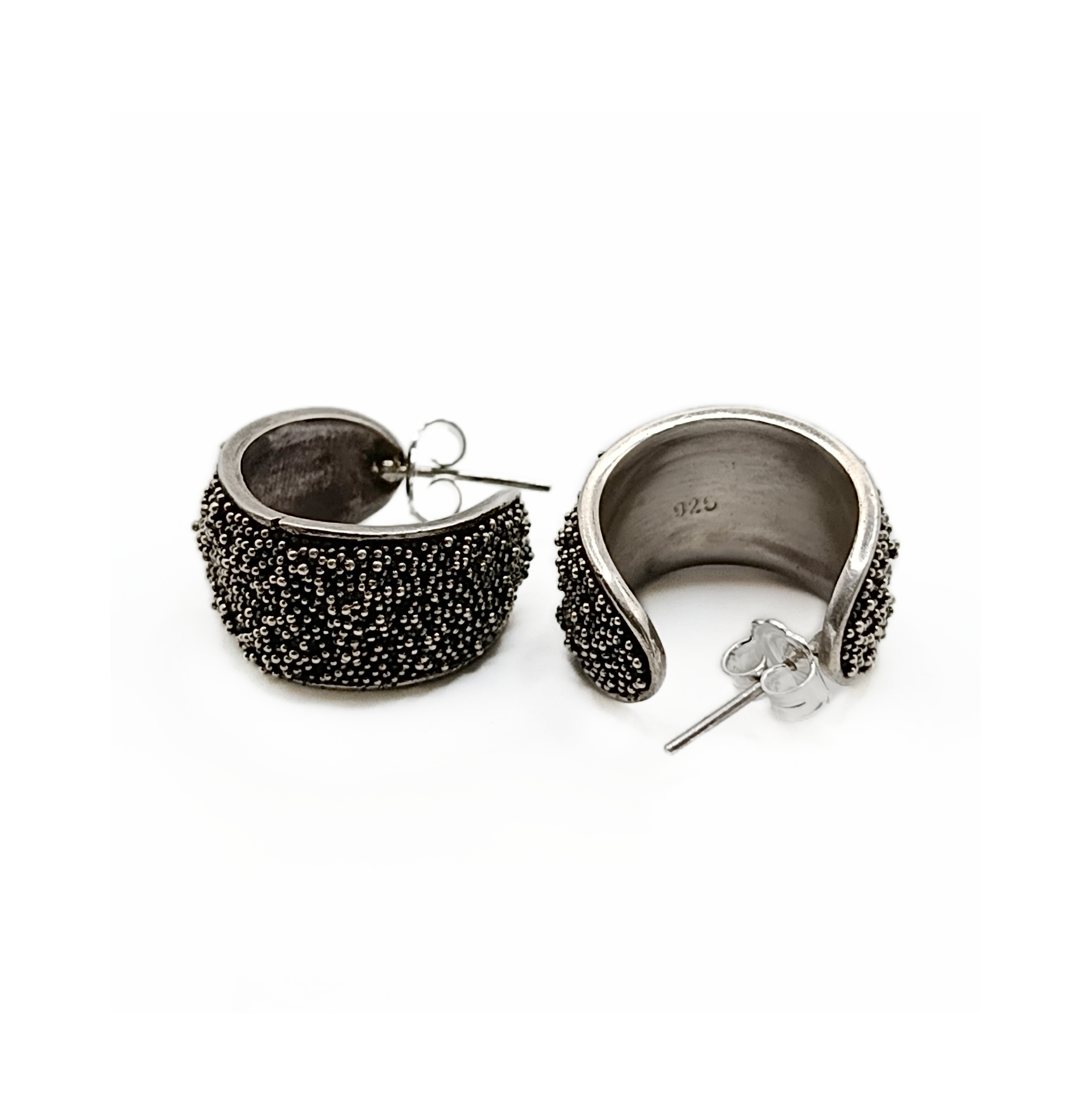 Granulated silver small ear hoops Bali - Image 2