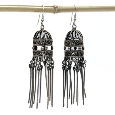 Antique silver Asian Prayer Wheel earrings, ethnic Hmong pendant earrings