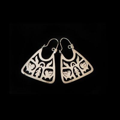 Vintage silver Mexican story teller earrings, Aztec sterling silver earrings