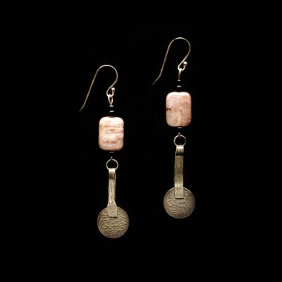 Antique coin earrings, Long bohemian dangle earrings, made of dusty pink gemstones and antique Moroccan coins.
