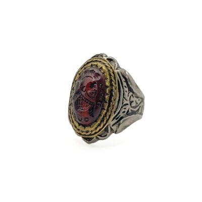 Antique garnet intaglio ring, engraved signet ring. This Afghan ring shows an engraved garnet seal depicting a mythical warrior and inscription.size 10